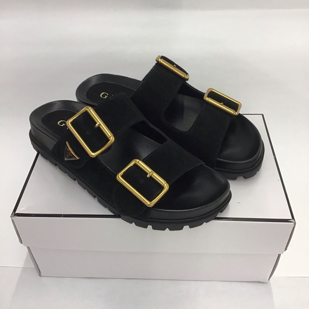New Womens Guess Suede Sandals Fasten Double-Buckle Footbed Size 6 M Black 001 - Picture 5 of 7